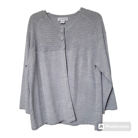 Sag Harbor Grey Sparkly Silver Metallic 2 Button Sweater Size XL - Picture 1 of 8
